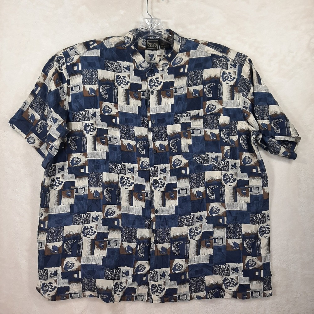 Personal Choice Mens 2XL Blue Silk Abstract Geometric Grandpacore Button Shirt